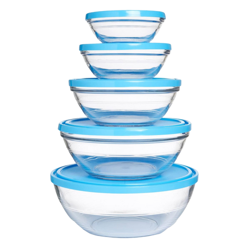 Freshbox - Set de 5 recipientes redondas transparentes con tapa azul