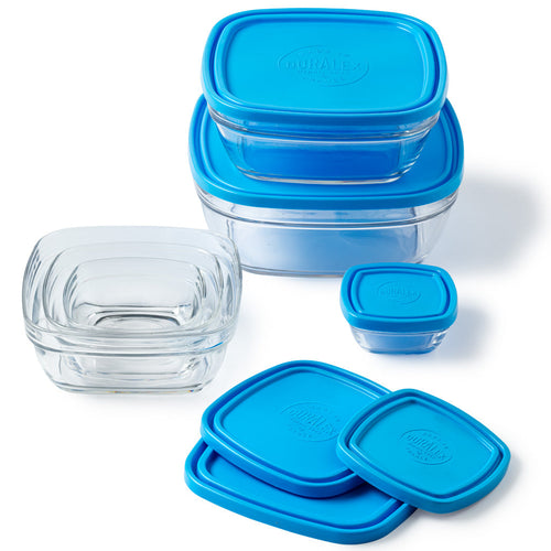 Freshbox - Set de 6 Boites de conservation transparentes carrées avec Couvercles Bleus multi tailles [MM]