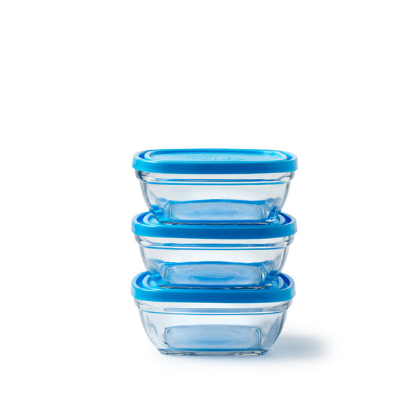 [MM] Freshbox - Set van 3 transparante vierkante opbergdozen met blauw deksel