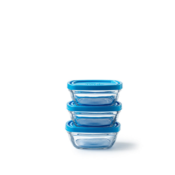 [Freshbox - Set di 3 contenitori quadrati trasparenti con coperchio blu